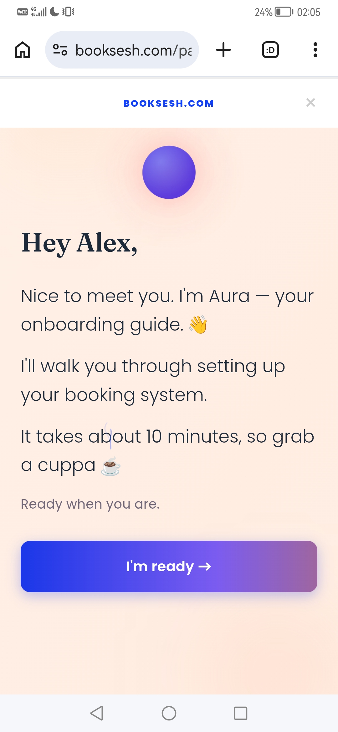Aura, the BookSesh onboarding guide, greeting a new practitioner